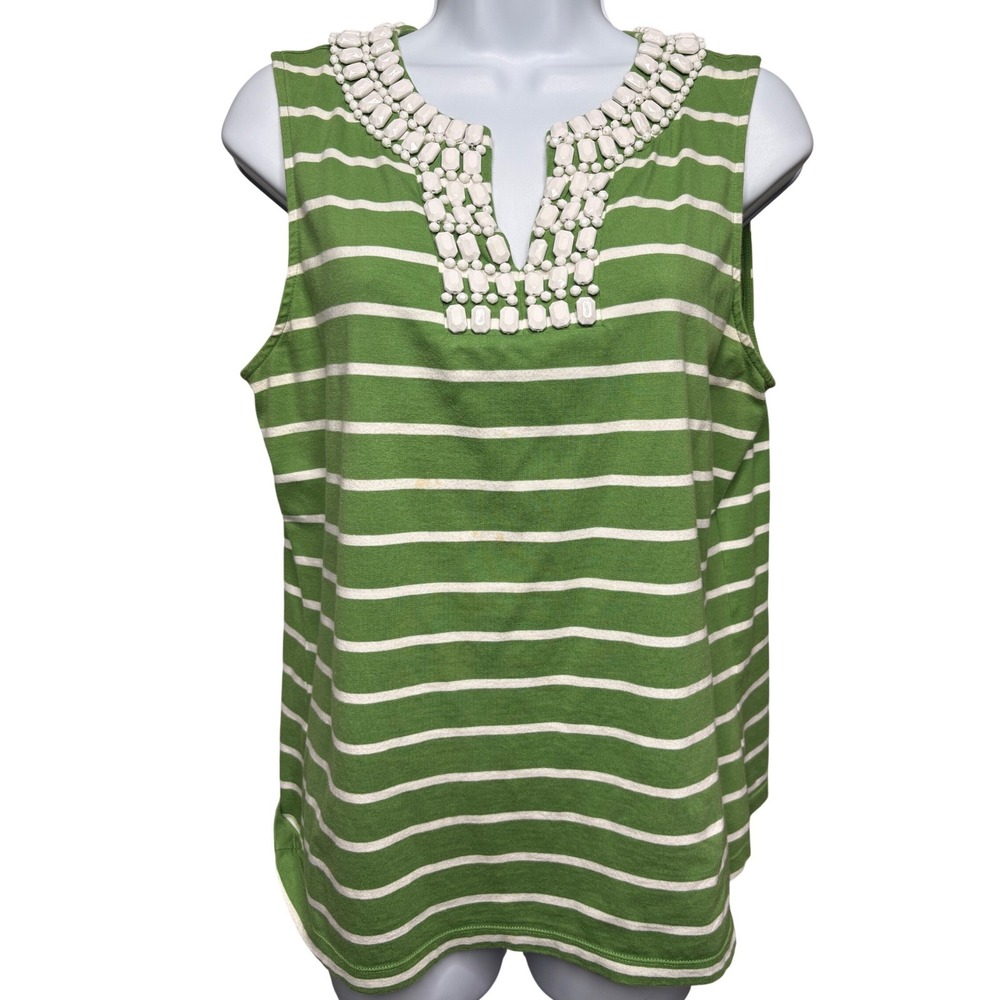 TALBOTS Womens Green Striped Beaded Tank Top Sz L Split Neck Preppy Embellished
